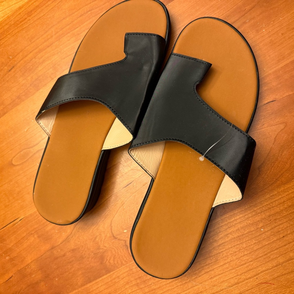 Black Slide Sandals with Tan Footbed
